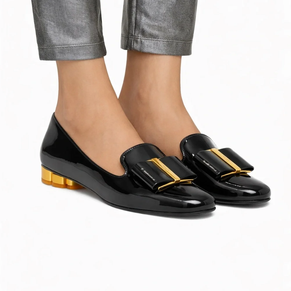 Salvatore Ferragamo Black Patent Vara Bow Loafers with Gold Accent FITS LIKE A 7